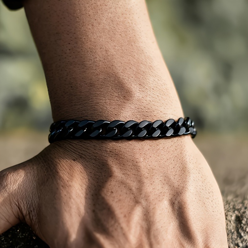 Unisex Black Cuban Link Bracelet, Heavy-Duty Chain Design
